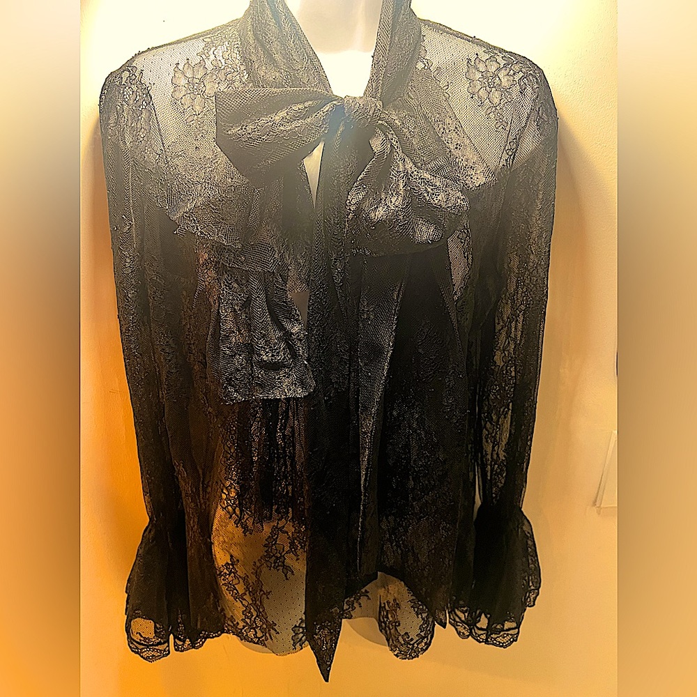 ZARA long sleeve lace shirt with v-neck and long bow tie.  Size MEDIUM